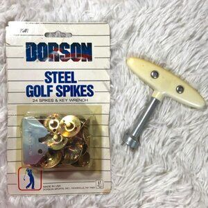 Dorson Gold Steel 24 Golf Spikes & Key Wrench + Vintage Metal Golf Wrench Set